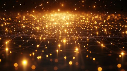 Fototapeta premium Abstract Golden Network with Glowing Points and Bokeh Lights