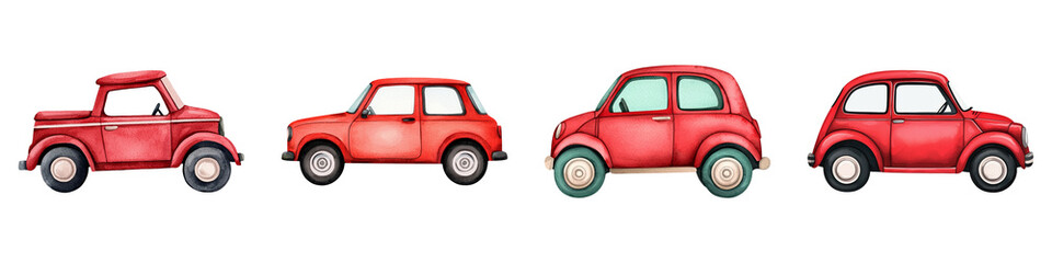 Four red cars of different styles lined up, showcasing a playful variety in design and color against a black background.