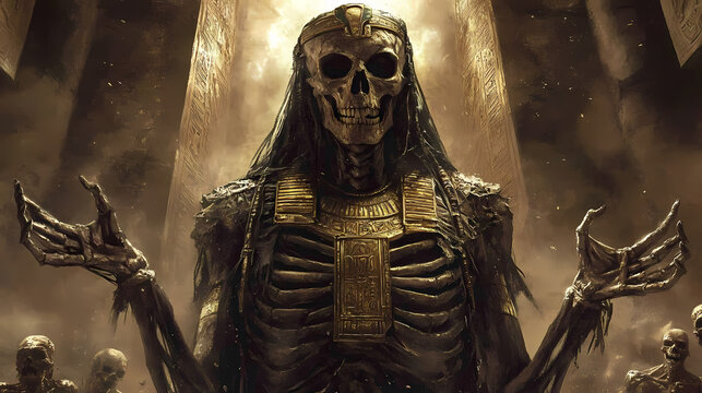 Undead pharaoh amon ra commanding skeletal minions in a crumbling tomb. Undead Pharaoh. Illustration