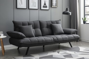 Modern dark gray sofa with black legs and square armrests, featuring button details, complemented by an elegant patterned rug and minimalistic decor in a stylish atmosphere.