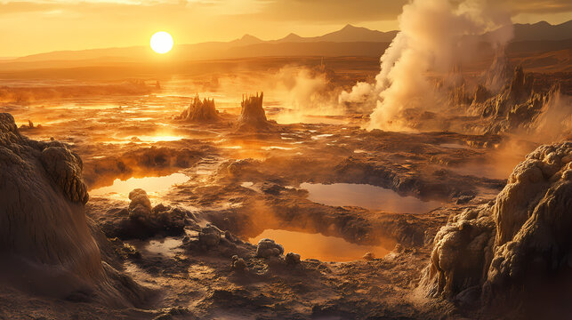Unique geothermal formations and steaming vents create an alienlike scene in the dallol depression at sunrise. Ethiopian Highlands. Illustration