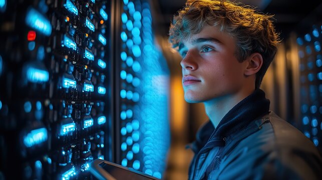 A young man stands near a server cabinet, using a digital tablet to work with a supercomputer, bathed in blue light.