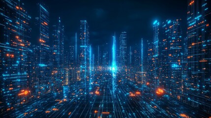 Obraz premium A digital cityscape with glowing blue and orange lines and buildings, representing the advancement of technology and future cities.