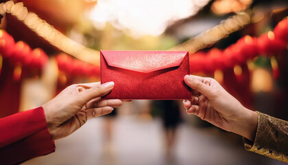 Female hands handing over a traditional red envelope to another person during the Chinese New Year.
