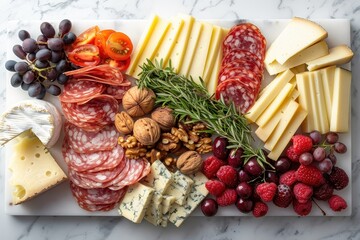 Top view of a charcuterie board on a white marble surface.