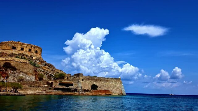 Spinalonga Fortress ancient ruins which were once a leper colony off the coast of Crete, Greece