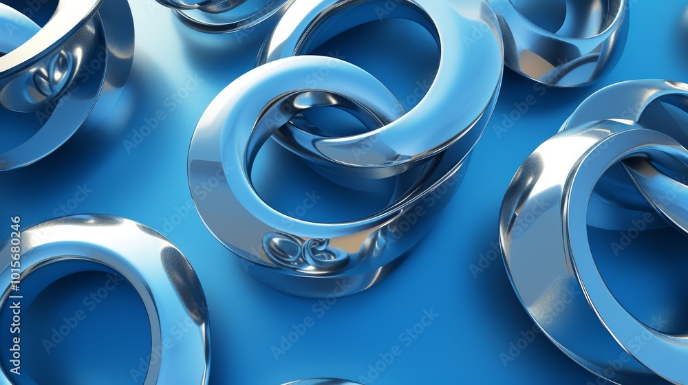 Poster a collection of abstract silver loops with glossy, reflective surfaces scattered randomly on a smoot