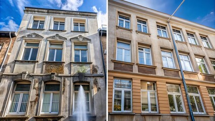 Fototapeta premium A Contrasting View of Two Buildings with Similar Architectural Details and Windows, One with a Water Feature Sprouting From a Window
