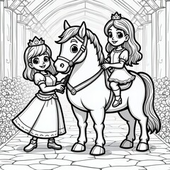 Fototapeta premium Princesses and Horse Coloring Page