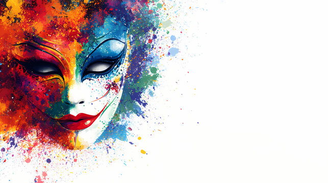 Venetian mask carnival colorful splash art masquerade mardi gars banner copy space on white illustration. generative ai. Venetian Carnival. Illustration
