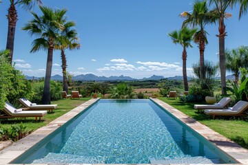 Picturesque poolside villa in Alcudia, Ibiza, with palm trees, grass, and panoramic countryside views, perfect for summer relaxation and outdoor sports.