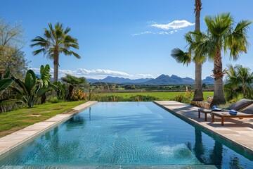 Obraz premium Picturesque poolside villa in Alcudia, Ibiza, with palm trees, grass, and panoramic countryside views, perfect for summer relaxation and outdoor sports.