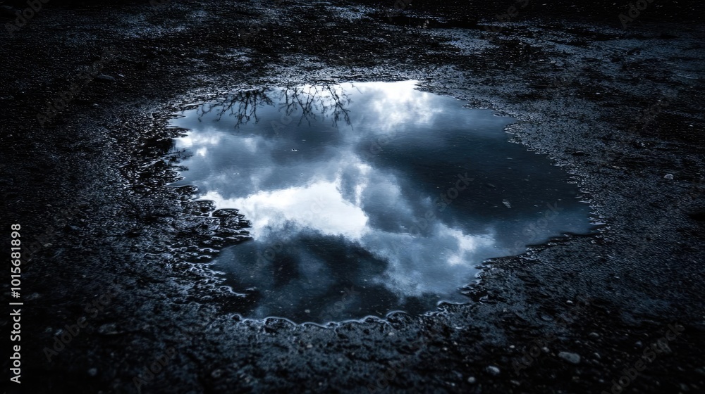 Poster a reflective puddle captures the moody sky above, surrounded by a dark, textured surface, evoking a 