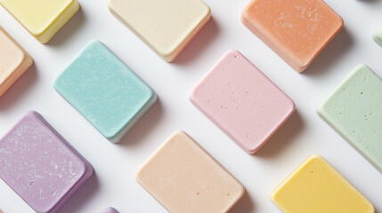 top down view, the image depicts colorful soaps placed on a white background