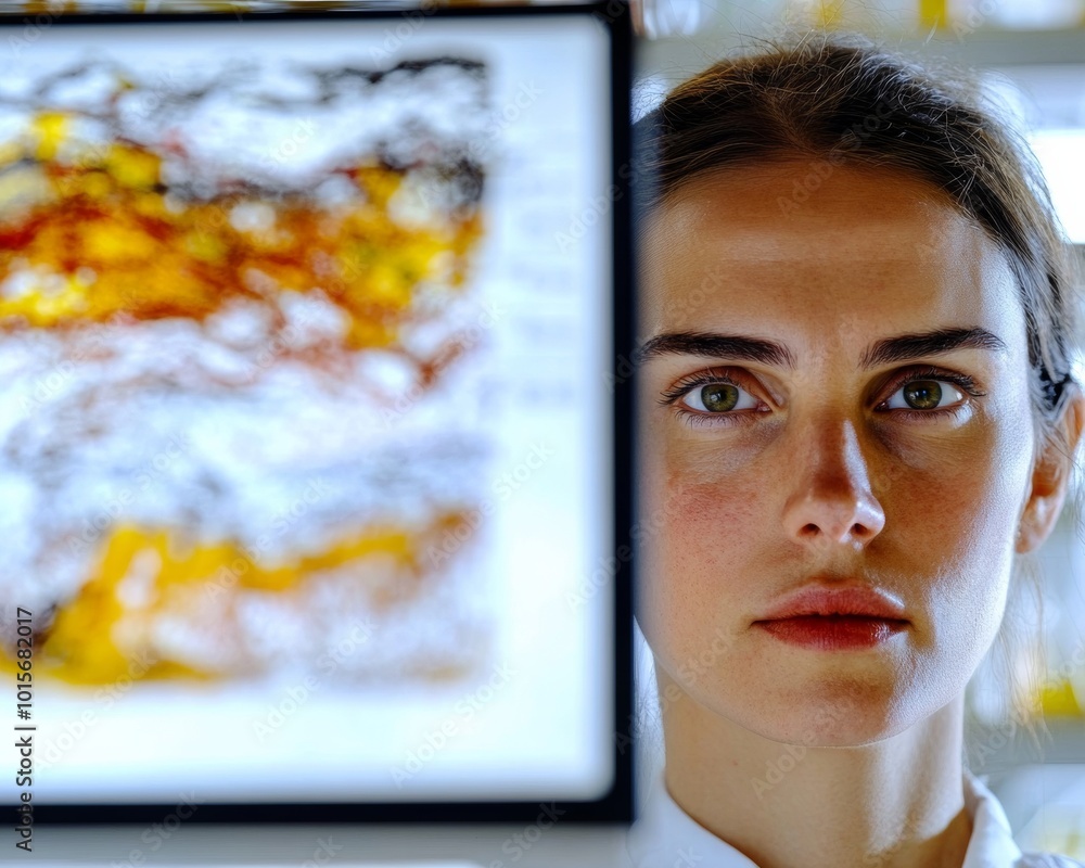 Poster high-tech lab faceless scientist in cultured meat research, advanced equipment and digital data scre