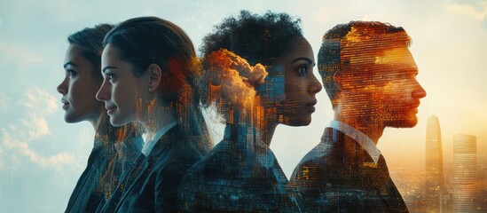 Silhouette of a diverse group of business professionals with city overlay.