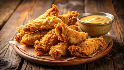 Crispy Fried Chicken Tenders Served with Creamy Dip on Rustic Wooden Background
