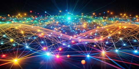 Naklejka premium A luminous web of interconnected lines and glowing orbs, depicting a dynamic network of data flow and digital connections.