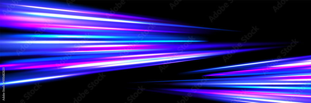 Poster neon glowing dynamic stripe background. blue pink speed light trace. exposure trail flare line textu