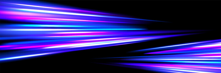Neon glowing dynamic stripe background. Blue pink speed light trace. Exposure trail flare line texture. Luminous laser rays or beams wallpaper design. Futuristic neon speedy streak backdrop. Vector © vika_k