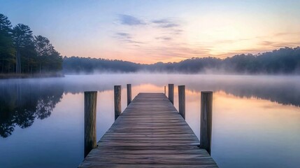 Naklejka premium A wooden dock stretches out over a serene lake at sunrise, with a soft mist creating a dreamlike atmosphere.