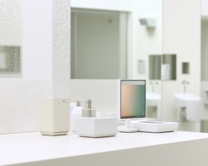 Fototapeta premium Futuristic Minimalist Biohacking Station with Smart Gadgets in Modern Silver and White Interior