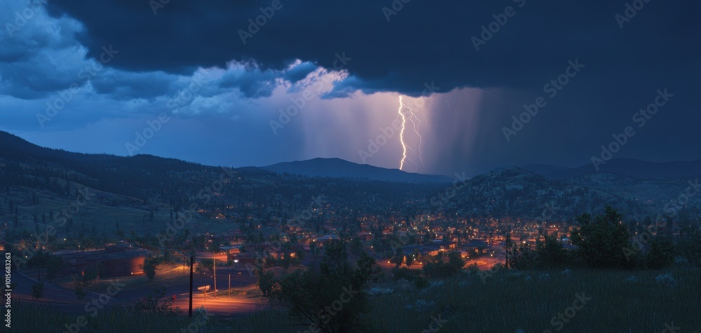 Wall mural dramatic lightning strikes over a serene mountain town under stormy skies.