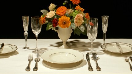 Fototapeta premium Elegant Anniversary Table Setting with Crystal Glassware and Floral Centerpiece