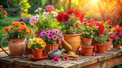 A Rustic Wooden Tabletop Decorated with Vibrant Blooms and Earthy Pots, Bathed in the Golden Hues of a Setting Sun