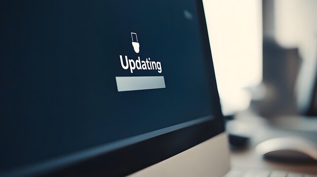 Close-up of computer screen showing software update progress bar with "Updating" text, keyboard and mouse visible in blurred background, modern technology and digital transformation concept
