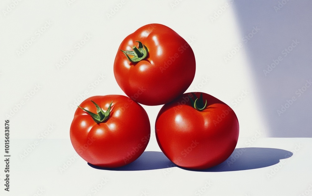 Poster artistic arrangement of three vibrant red heirloom tomatoes with modern shadowing and light gray bac