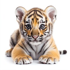 Obraz premium A cute baby tiger cub, isolated on a clean white background, showcasing its soft fur and curious eyes