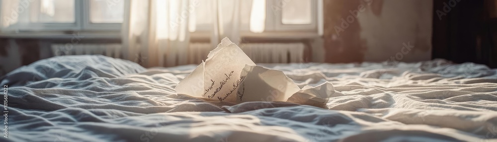 Poster a cozy bedroom scene with soft light illuminating a crumpled paper on the bed, creating a serene and