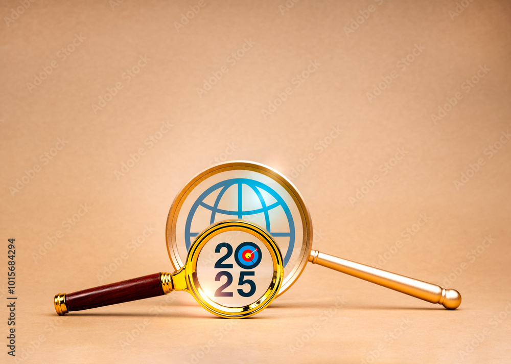 Poster 2025 happy new year with online business trends searching and digital marketing concept. 2025 calend