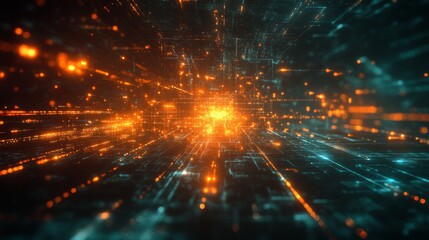 Obraz premium Abstract digital landscape with glowing orange and blue lines