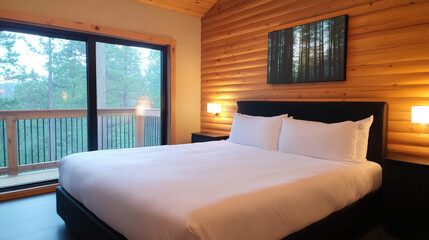 Obraz premium A cozy bedroom with a king-sized bed and a view of the forest from the large window.