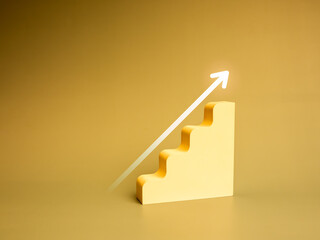 Business growth, goal and success concept. White glow arrows rising up on modern stair steps as growing graph diagram performance, progress chart, isolated on yellow golden background with copy space.