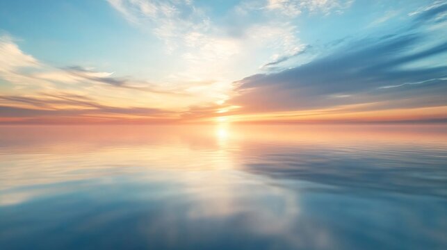Calm blue water reflecting the golden hour sky with fluffy clouds.