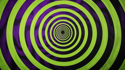 A vibrant abstract pattern featuring concentric green spirals set against a dark purple background. The hypnotic design draws attention with its bold colors and optical illusion effect, perfect for