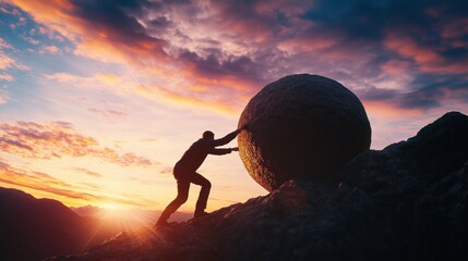 Man Pushing Boulder Up Mountain at Sunset
