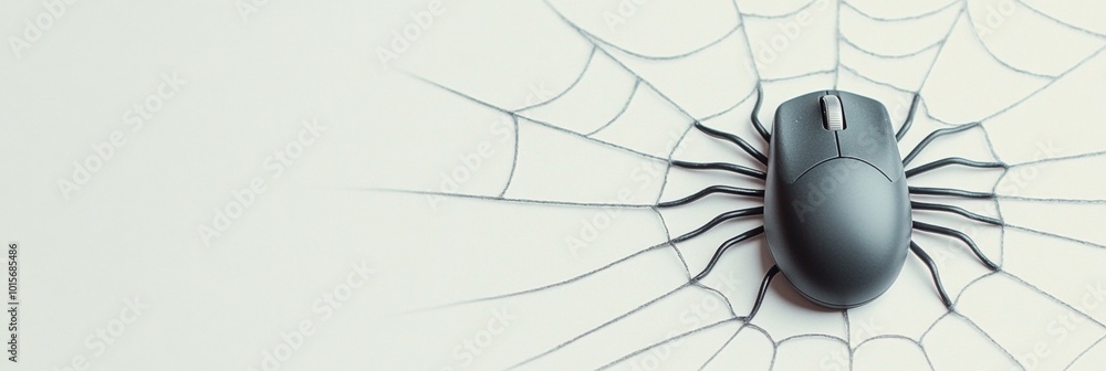 Poster minimalist abstract of computer mouse as spider on web - halloween tech concept