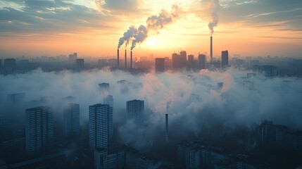 Obraz premium Aerial view of a polluted city reveals thick smog and dangerous air quality, consequences of industrial activities.