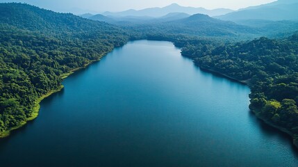 Obraz premium Aerial view of a reservoir reveals its size and surrounding natural landscape, highlighting a key water resource.