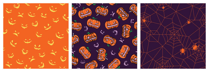 set seamless pattern of pumpkin head lights, eye, bat on black and orange background. lantern in Halloween party celebration. vector
