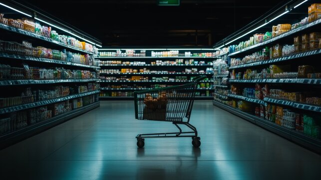 A nearly empty shopping cart holds basic groceries like bread, milk, and eggs, situated in a dim supermarket aisle that emphasizes rising prices and limited stock
