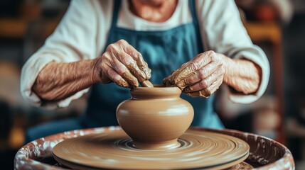 Elderly woman expertly molds clay on a pottery wheel, showcasing her talent amidst a soft, blurred backdrop.
