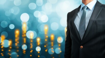 A businessman in a suit examines financial graphs on a digital screen, embodying stock market insights on a tech blue backdrop.
