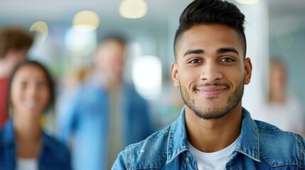 Fototapeta premium A happy man in a denim jacket beams at the camera, while his team shares a light moment in a vibrant office space.
