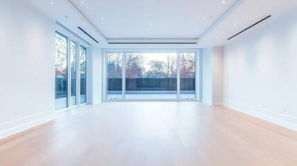 Fototapeta premium Empty room with large windows and hardwood floors.
