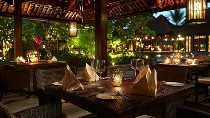 Fototapeta premium Intimate dining setup with ambient lighting and elegant table arrangements.
